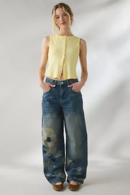 BDG Logan Printed Buckle Baggy Barrel Jean